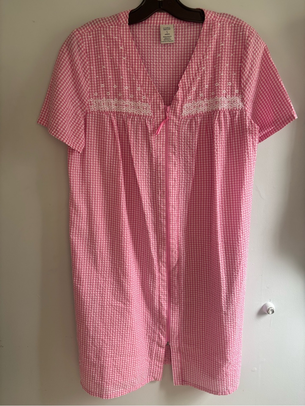 croft & barrow Pink Gingham Zip-Front Nightgown with Lace